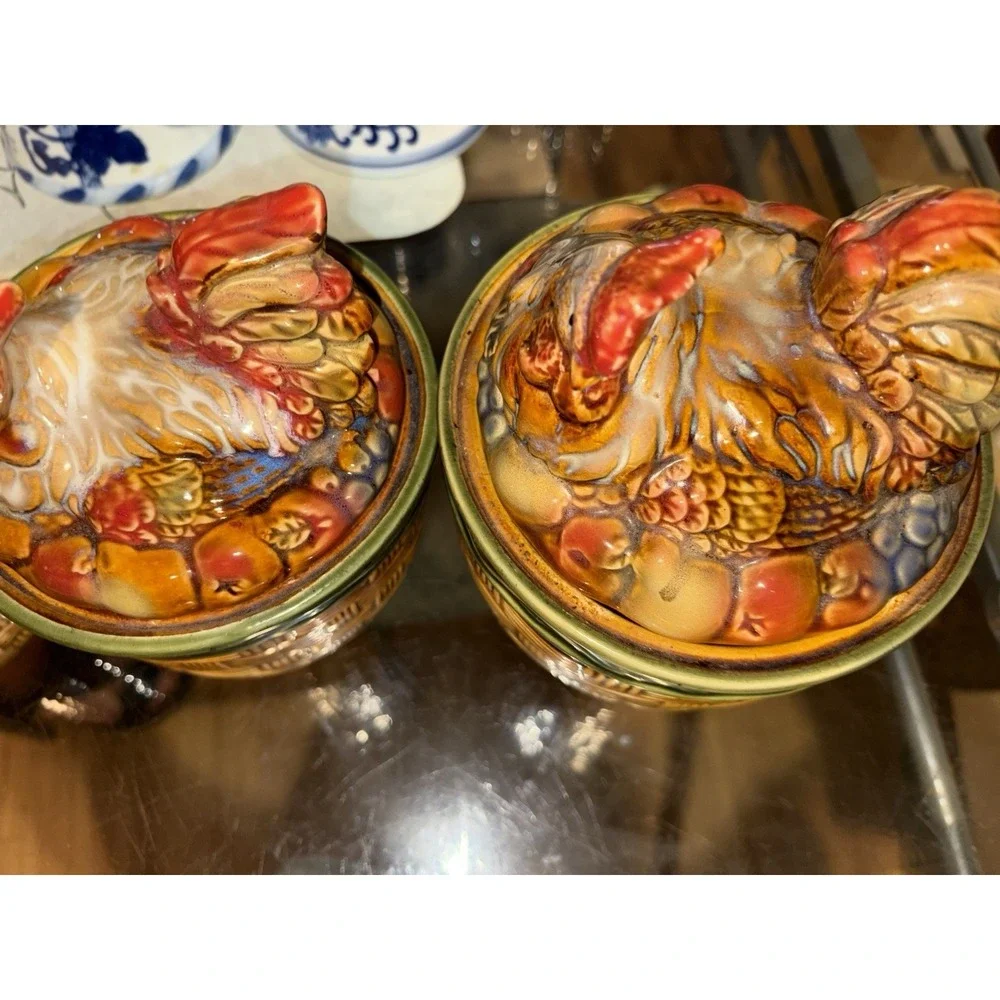 Vintage Ceramic Canisters Set Of 3 Colorful Hens Nesting Atop Woven Look Baskets